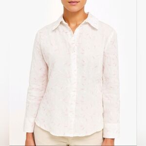 Anne Carson Shirt 100% Linen White Pink Embroidered Button Up Long Sleeve Size S